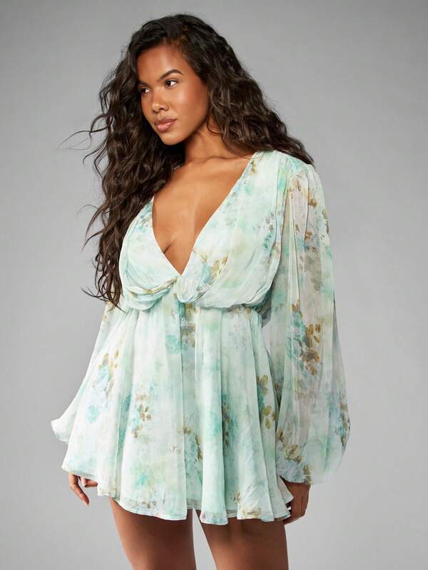 Missguided MISSGUIDED Watercolor Floral Chiffon Mini Dress With Volume Balloon Sleeves Empire Waist