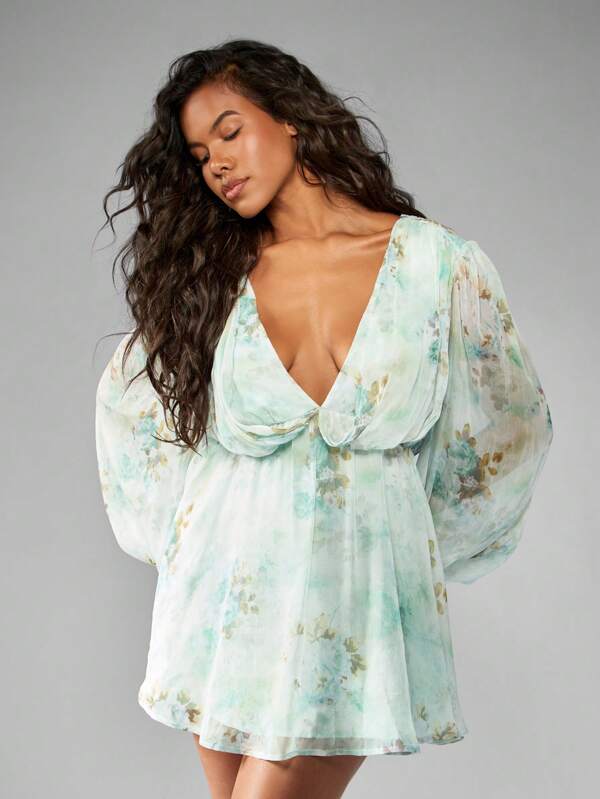 missguided MISSGUIDED Watercolor Floral Chiffon Mini Dress With Volume Balloon Sleeves Empire Waist