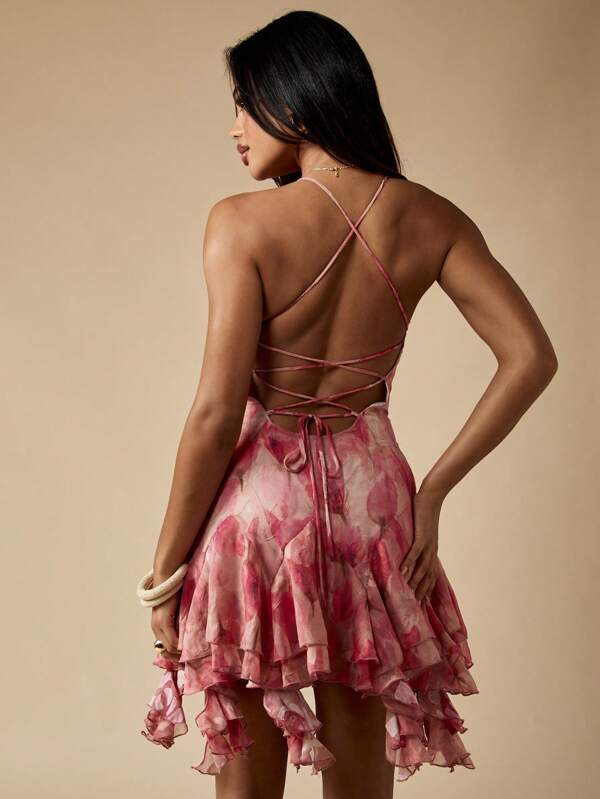 Missguided MISSGUIDED Watercolor Floral Devore Chiffon Mini Dress With Ruffle Handkerchief Hem