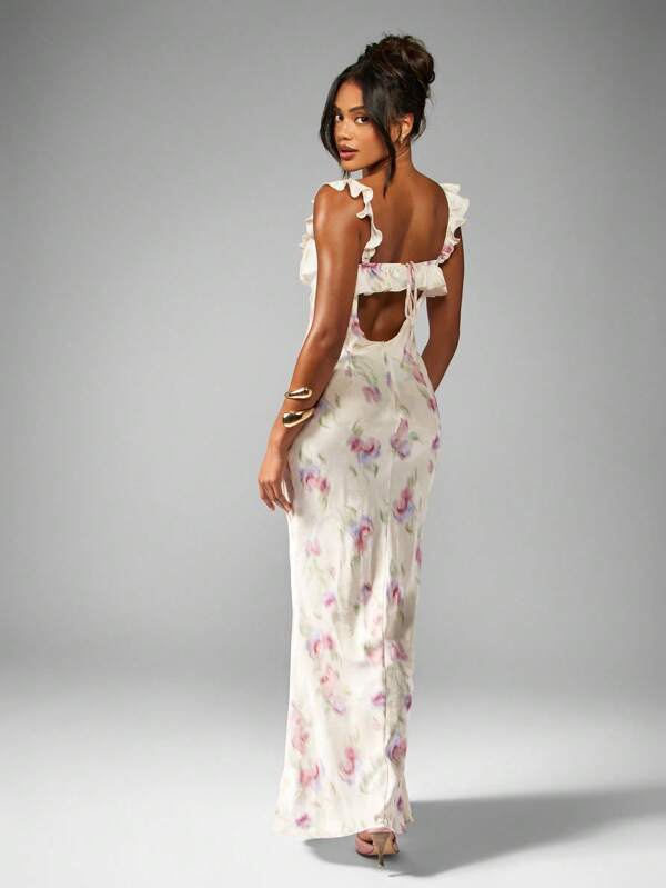 Missguided MISSGUIDED Watercolor Floral Print Satin Maxi Dress With Ruffle Trim And Empire Waist