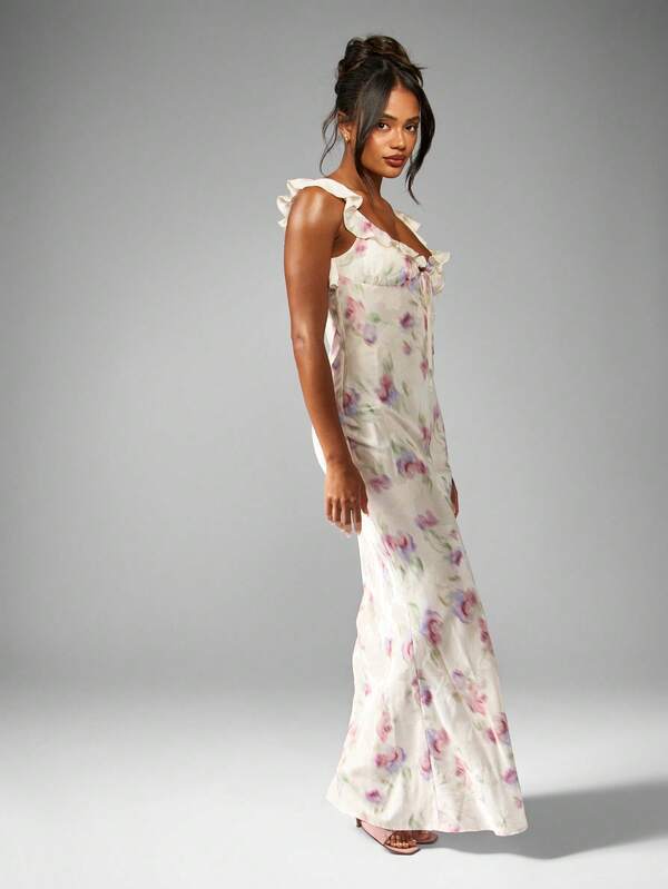 Missguided MISSGUIDED Watercolor Floral Print Satin Maxi Dress With Ruffle Trim And Empire Waist