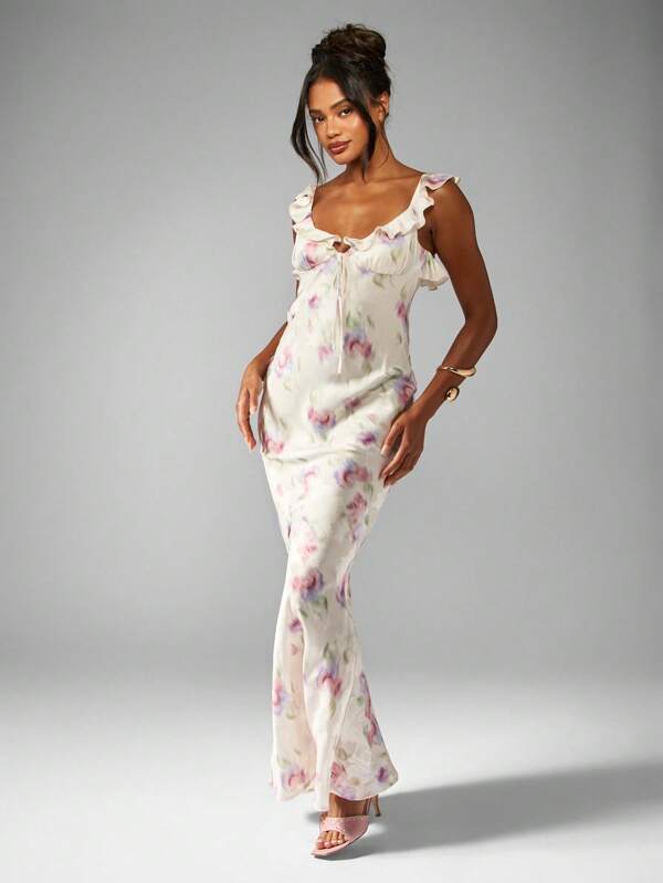 missguided MISSGUIDED Watercolor Floral Print Satin Maxi Dress With Ruffle Trim And Empire Waist