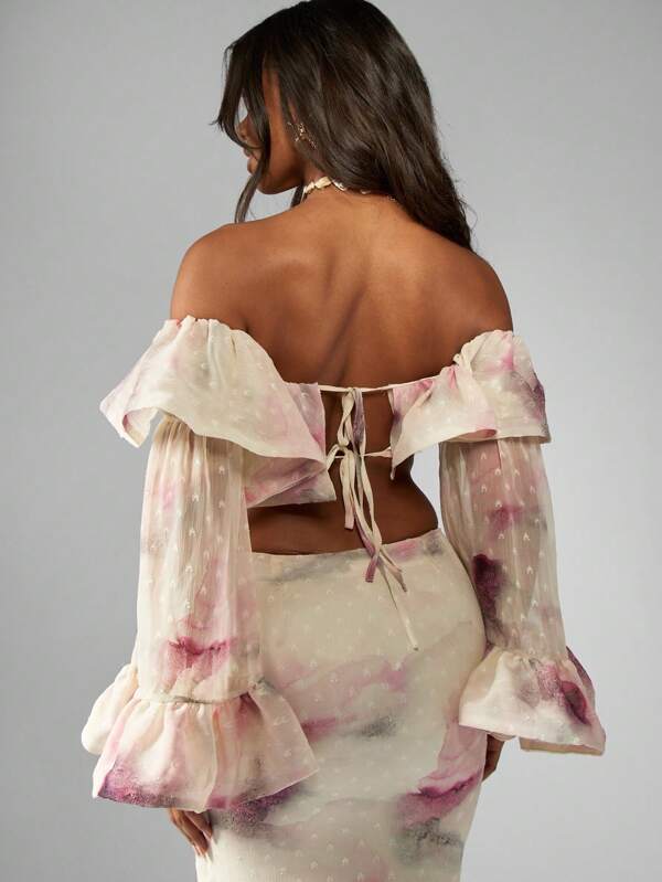 Missguided MISSGUIDED Watercolor Print Chiffon Bohemian Long Bell Sleeve Blouse Women Tops