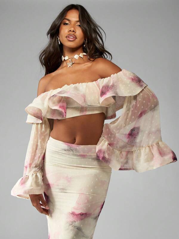 missguided MISSGUIDED Watercolor Print Chiffon Bohemian Long Bell Sleeve Blouse Women Tops