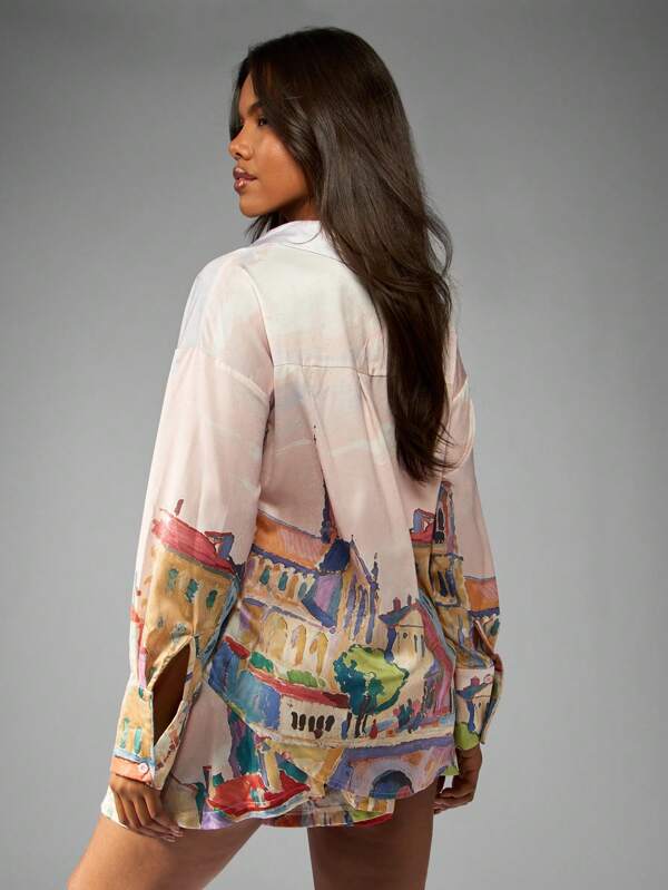 Missguided MISSGUIDED Watercolor Print City Scene Button Down Satin Top And Shorts Two Piece Outfit