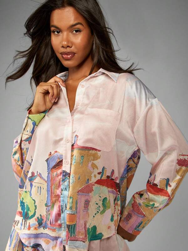 Missguided MISSGUIDED Watercolor Print City Scene Button Down Satin Top And Shorts Two Piece Outfit