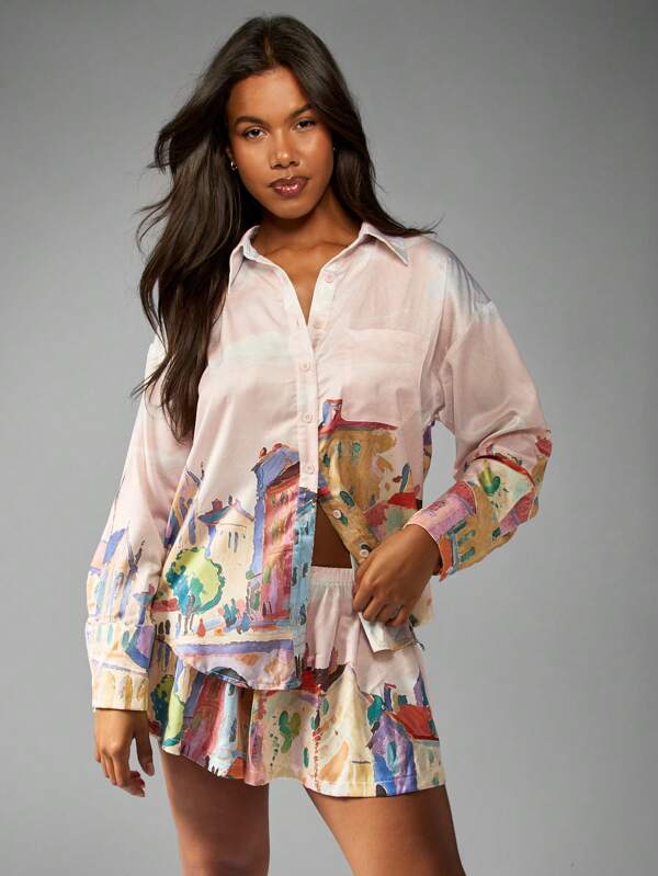 missguided MISSGUIDED Watercolor Print City Scene Button Down Satin Top And Shorts Two Piece Outfit