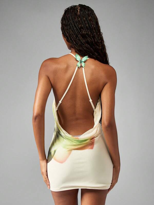 Missguided MISSGUIDED Watercolor Print Cowl Neck Halter Open Back Butterfly Back Mini Dress