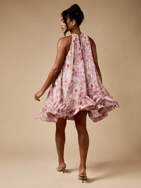 Missguided MISSGUIDED Watercolor Print Floral High Neck Ruffled Chiffon Flowy Halter Mini Dress