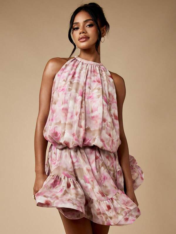 Missguided MISSGUIDED Watercolor Print Floral High Neck Ruffled Chiffon Flowy Halter Mini Dress