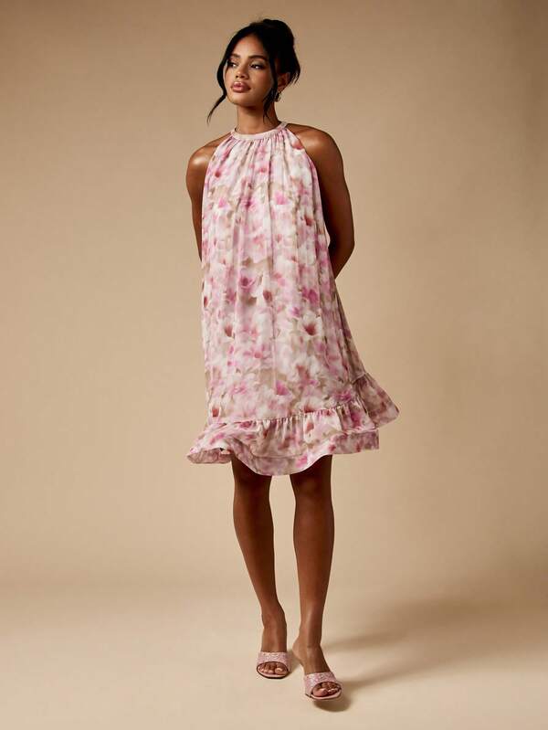 Missguided MISSGUIDED Watercolor Print Floral High Neck Ruffled Chiffon Flowy Halter Mini Dress