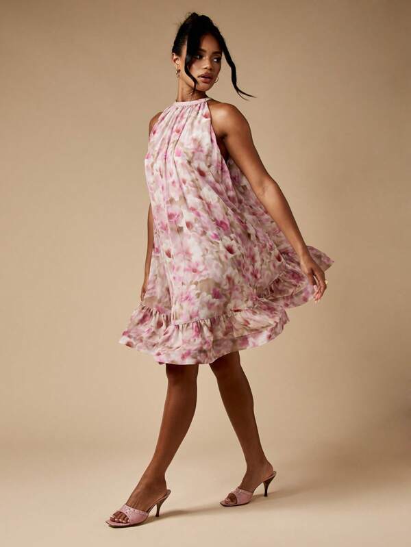 missguided MISSGUIDED Watercolor Print Floral High Neck Ruffled Chiffon Flowy Halter Mini Dress