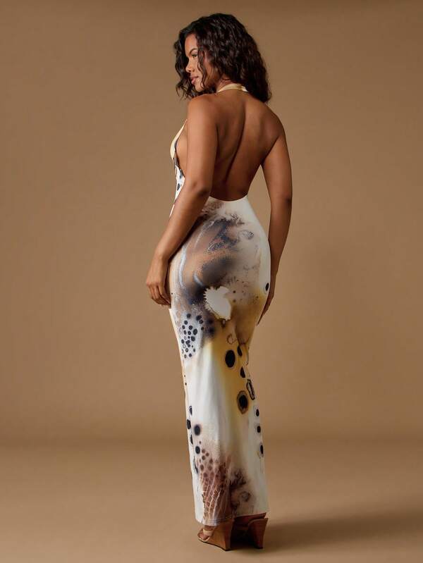 Missguided MISSGUIDED Watercolor Print Halter Neck Bodycon Maxi Dress