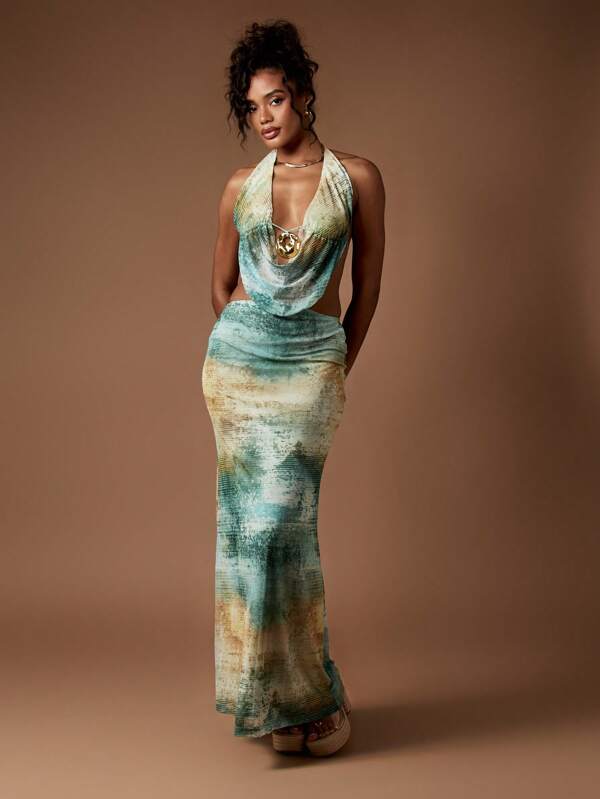 missguided MISSGUIDED Watercolor Print Halter Neck Maxi Dress