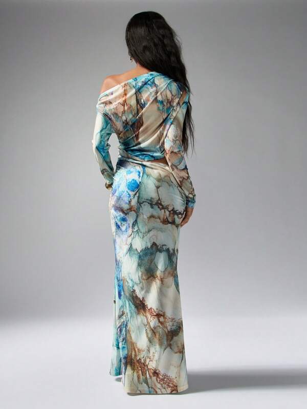 Missguided MISSGUIDED Watercolor Print Off Shoulder Mermaid Maxi Dress