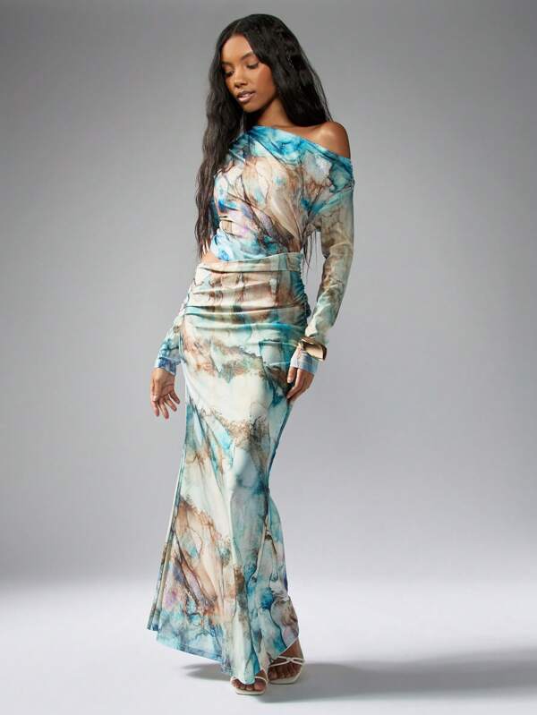 missguided MISSGUIDED Watercolor Print Off Shoulder Mermaid Maxi Dress