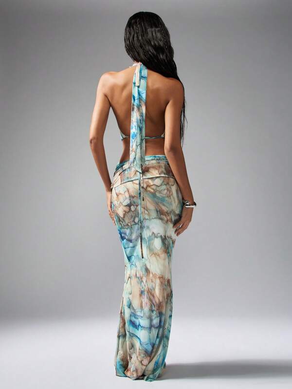 Missguided MISSGUIDED Watercolor Print Plunge Neck Empire Waist Floor Length Maxi Dress