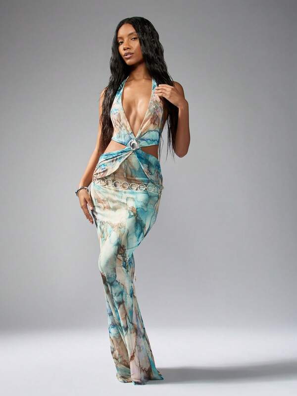 Missguided MISSGUIDED Watercolor Print Plunge Neck Empire Waist Floor Length Maxi Dress