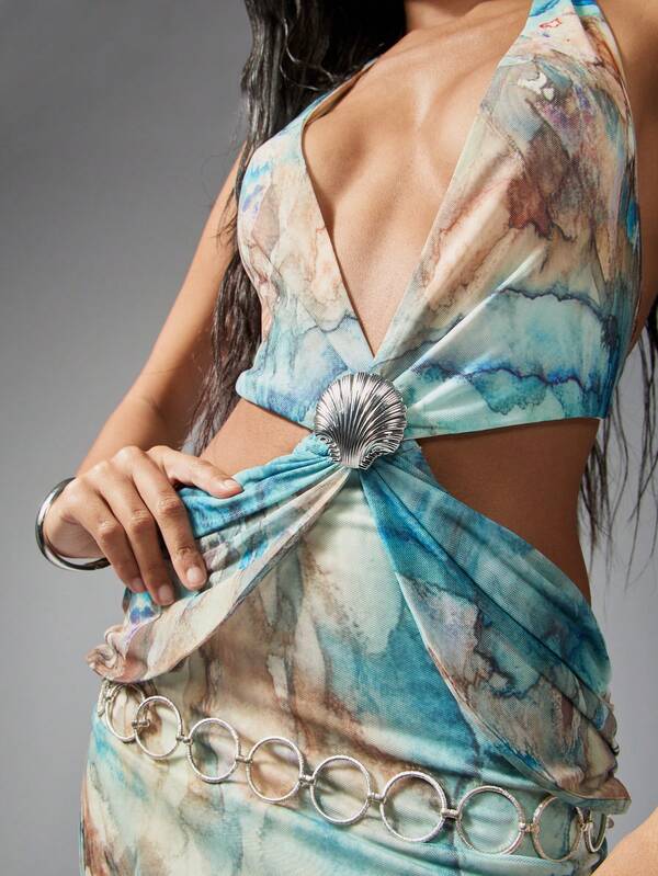 Missguided MISSGUIDED Watercolor Print Plunge Neck Empire Waist Floor Length Maxi Dress