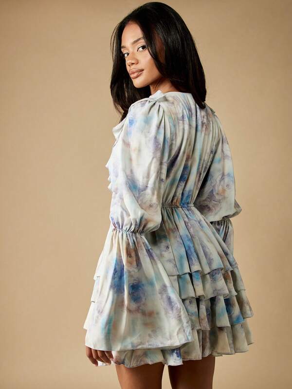 Missguided MISSGUIDED Watercolor Print Ruffle Tiered Mini Dress With Puff Sleeves