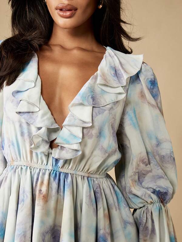 Missguided MISSGUIDED Watercolor Print Ruffle Tiered Mini Dress With Puff Sleeves