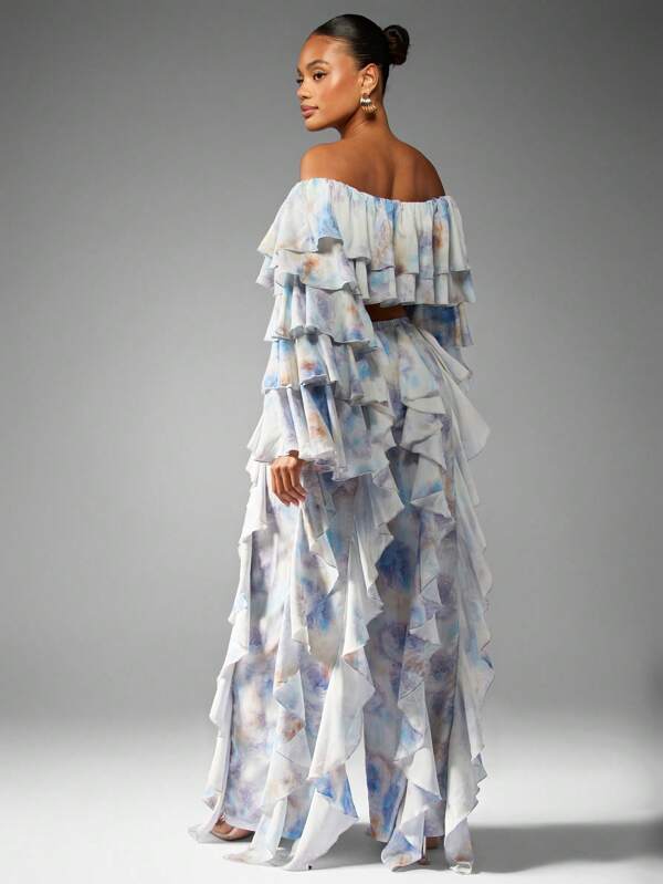 Missguided MISSGUIDED Watercolor Print Ruffled Co-Ord With Bell Sleeves And Flared Pants