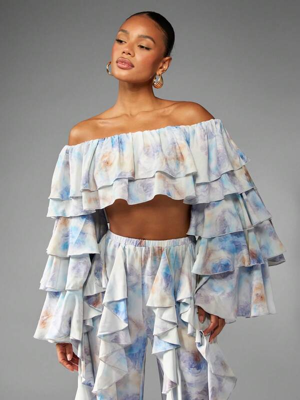 Missguided MISSGUIDED Watercolor Print Ruffled Co-Ord With Bell Sleeves And Flared Pants