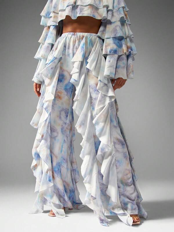 Missguided MISSGUIDED Watercolor Print Ruffled Co-Ord With Bell Sleeves And Flared Pants