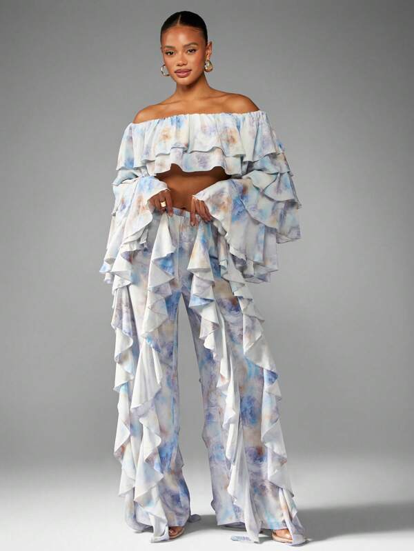 missguided MISSGUIDED Watercolor Print Ruffled Co-Ord With Bell Sleeves And Flared Pants