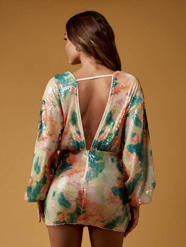 Missguided MISSGUIDED Watercolor Sequin Balloon Sleeve Plunge Neckline Mini Wrap Dress
