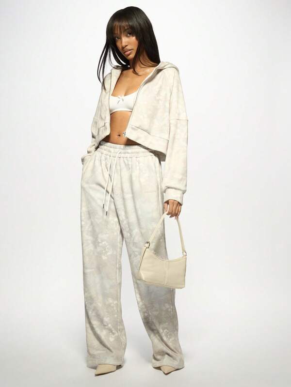 Missguided MISSGUIDED Watercolor Tie-Dye Zip-Up Cropped Drawstring Hoodie Sweatshirt