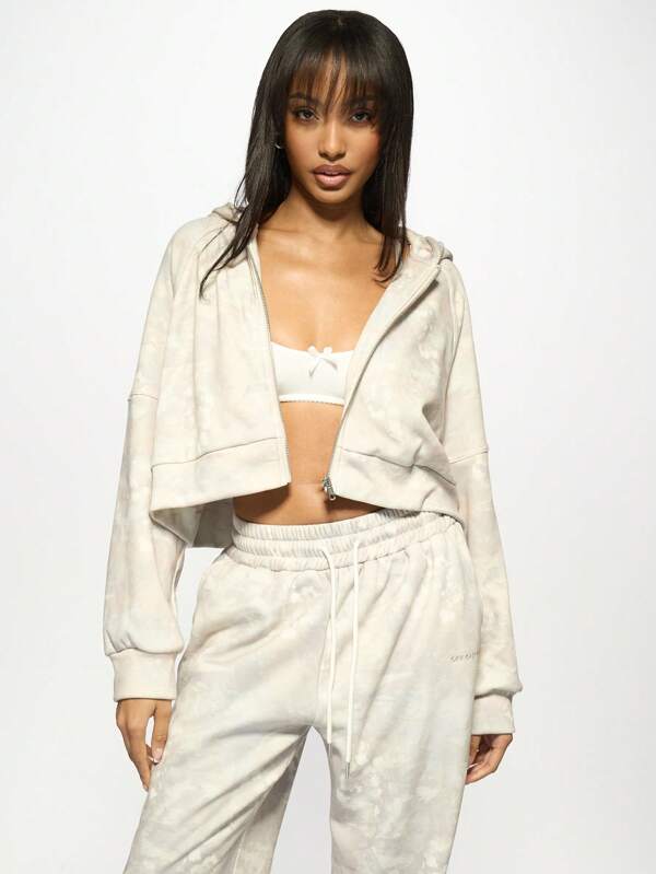 missguided MISSGUIDED Watercolor Tie-Dye Zip-Up Cropped Drawstring Hoodie Sweatshirt