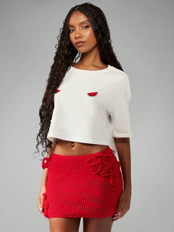 Missguided MISSGUIDED Watermelon Embroidered Crop Loose Fit T-Shirt