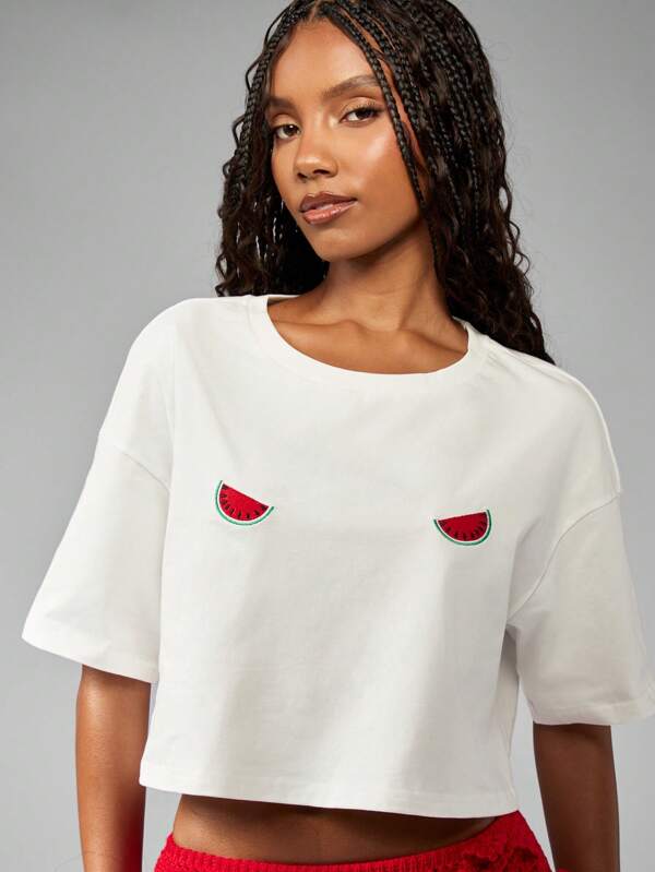 missguided MISSGUIDED Watermelon Embroidered Crop Loose Fit T-Shirt