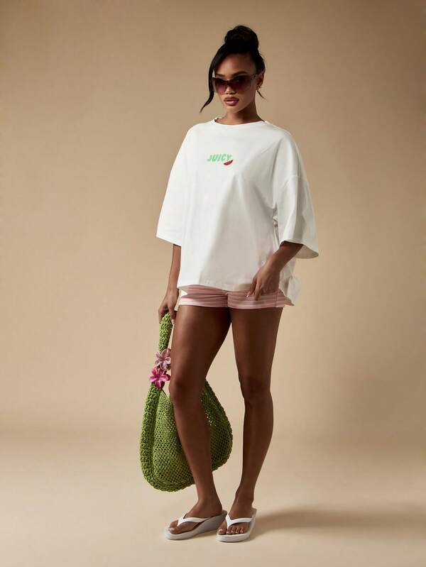 Missguided MISSGUIDED Watermelon Print Loose Fit Short Sleeve T-Shirt