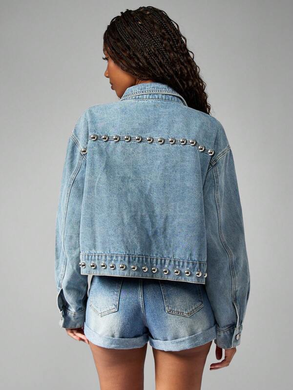 Missguided MISSGUIDED Western Boho Silver Studded Oversized Cropped Trucker Denim Jacket