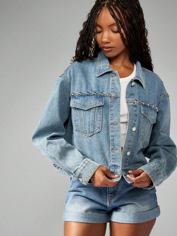 Missguided MISSGUIDED Western Boho Silver Studded Oversized Cropped Trucker Denim Jacket