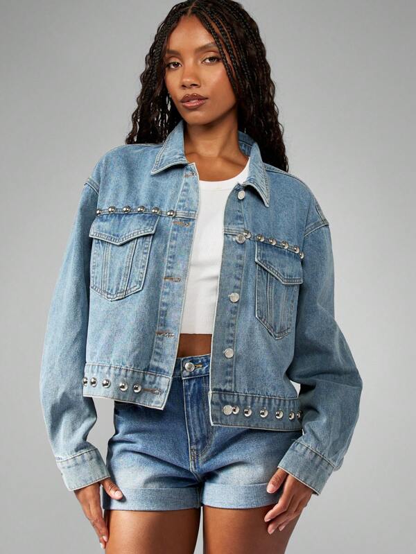 missguided MISSGUIDED Western Boho Silver Studded Oversized Cropped Trucker Denim Jacket