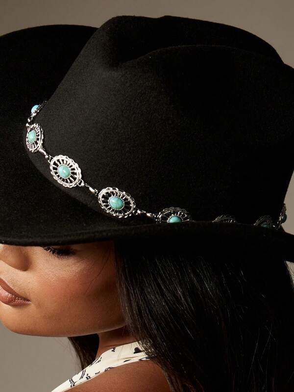 Missguided MISSGUIDED Western Cowboy Hat With Turquoise Stone Band Chain Wide Brim
