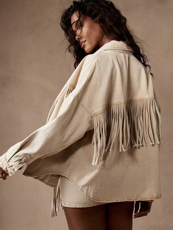 Missguided MISSGUIDED Western Fringe Oversized Denim Shirt Top