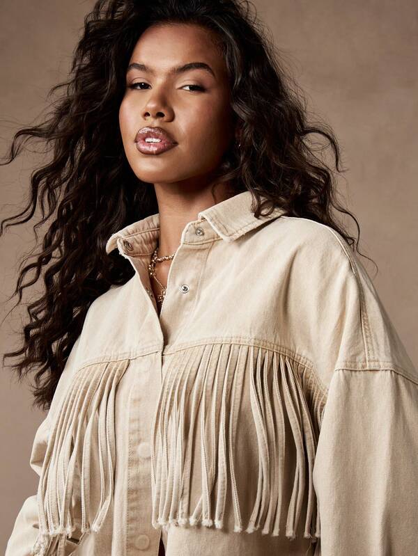 Missguided MISSGUIDED Western Fringe Oversized Denim Shirt Top