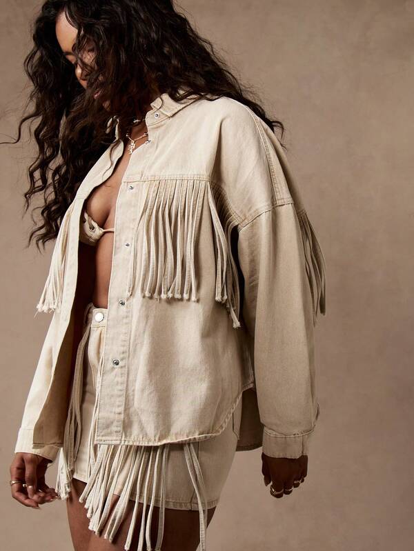 Missguided MISSGUIDED Western Fringe Oversized Denim Shirt Top