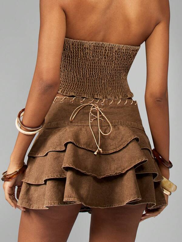 Missguided MISSGUIDED Western Inspired Lace Up Tiered Ruffle Prairie Co-Ord Set