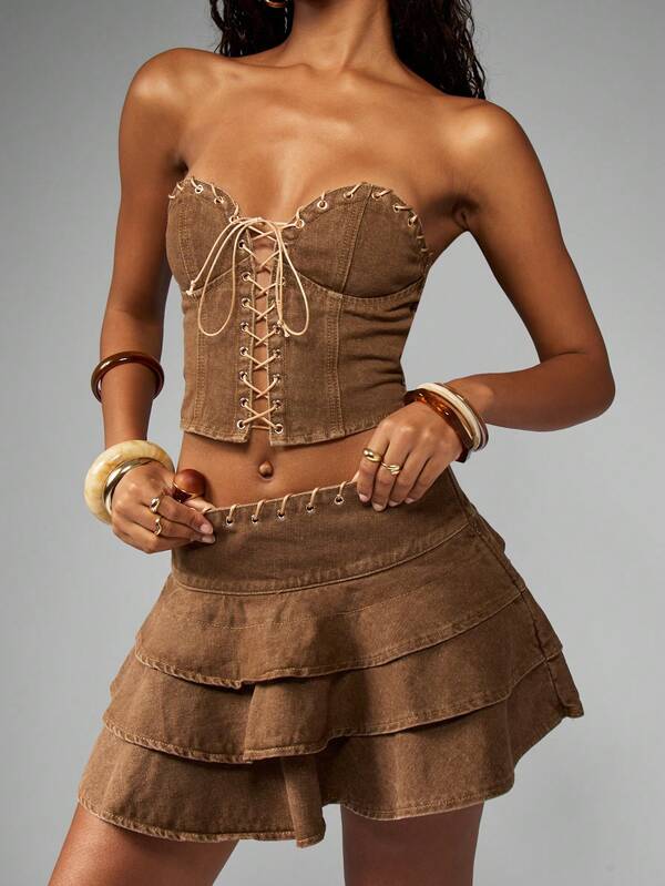 Missguided MISSGUIDED Western Inspired Lace Up Tiered Ruffle Prairie Co-Ord Set