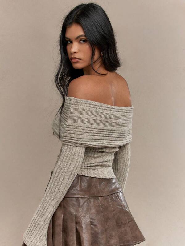 Missguided MISSGUIDED Western Metal Detail Textured Off-Shoulder Long Sleeves Bardot Top