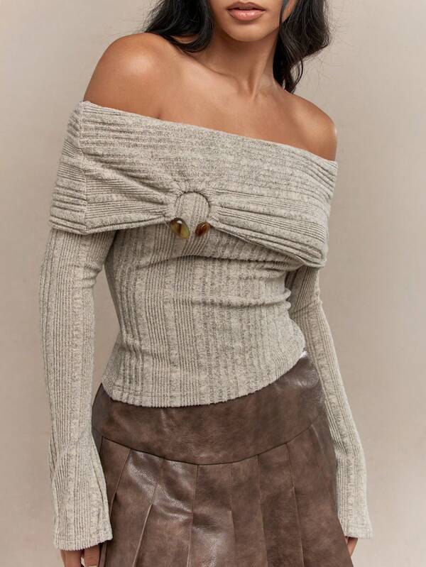 Missguided MISSGUIDED Western Metal Detail Textured Off-Shoulder Long Sleeves Bardot Top