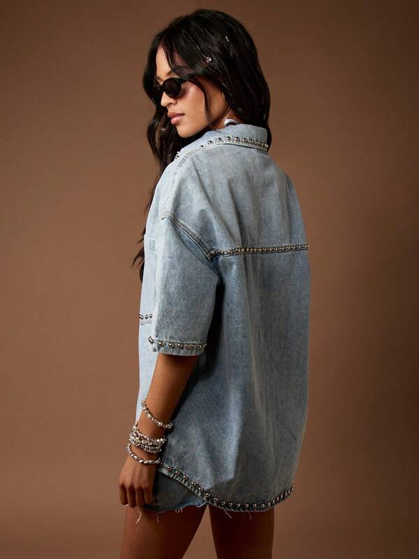 Missguided MISSGUIDED Western Studded Oversized Denim Button Down Shirt