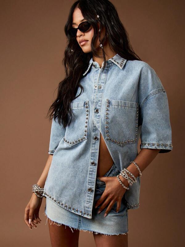missguided MISSGUIDED Western Studded Oversized Denim Button Down Shirt