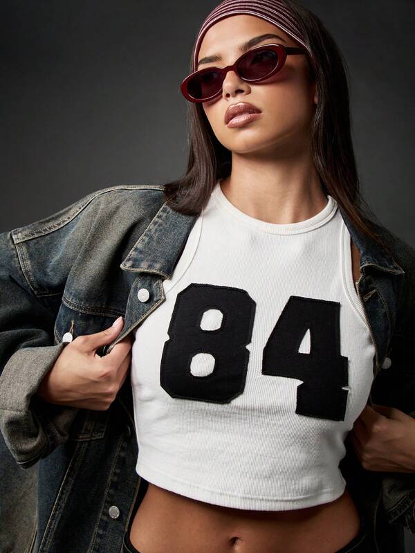 Missguided MISSGUIDED White Cotton Ribbed Crop Tank Top With Varsity Print