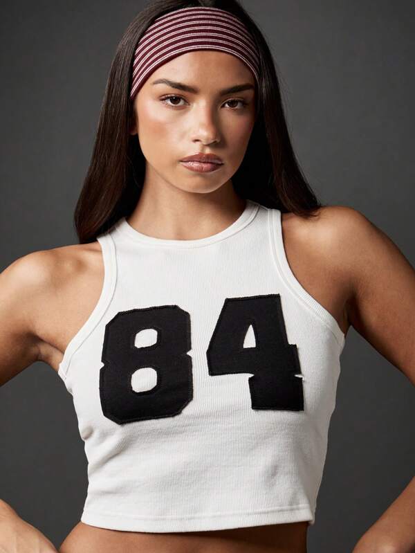 missguided MISSGUIDED White Cotton Ribbed Crop Tank Top With Varsity Print